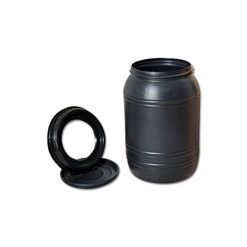 Fût en plastique noir ouvert, avec son couvercle et sa bague de fermeture
